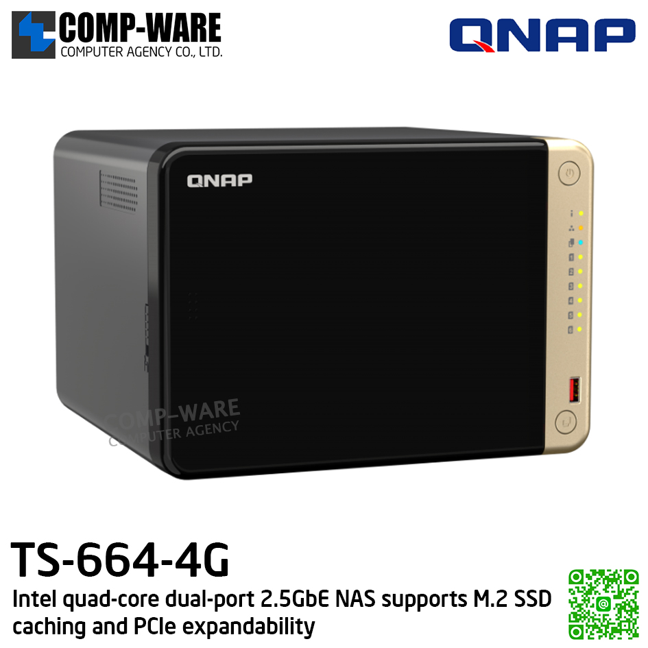 QNAP (Tower 6-Bay) TS-664-4G / Intel Celeron N5105/N5095 / 4GB DDR4 SODIMM / 6 x 3.5-inch SATA 6Gb/s / 2 x 2.5GbE / 2 x M.2 2280 / 1xHDMI / Adapter Power / 3Y Warranty / No HDD