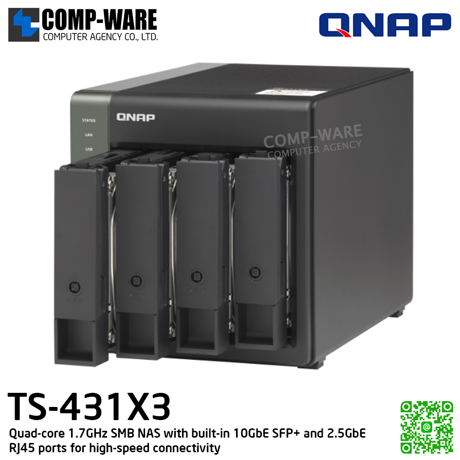 QNAP (Tower 4-Bay) TS-431X3-4G / Annapurna Labs Alpine AL314 (4Core) / 4GB DDR3L SODIMM / 4 x 2.5"/3.5" SATA 6Gbps / 1 x 10GbE SFP+, 1 x 2.5GbE + 1 x GbE / Adapter Power / 2Y Warranty / No HDD