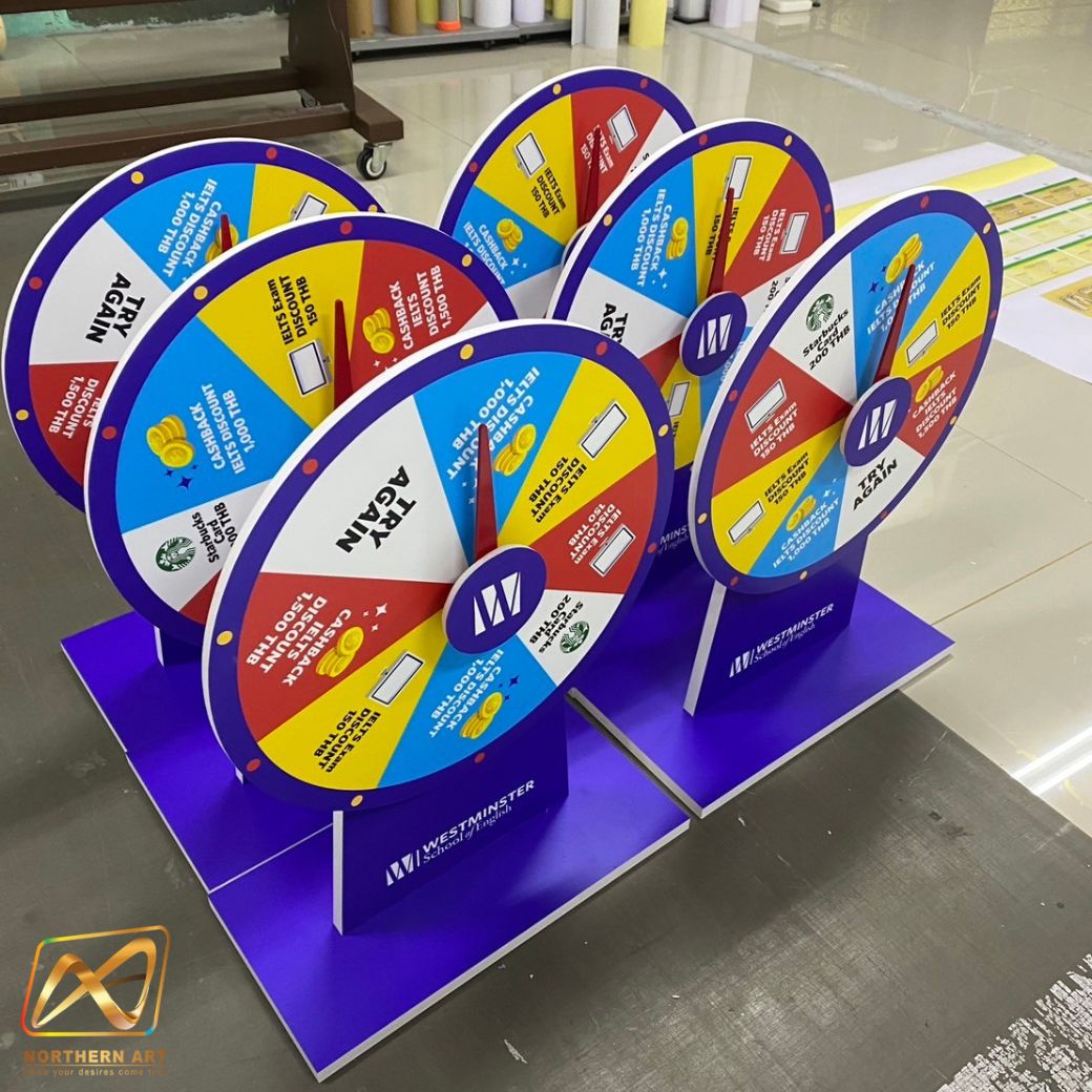 เกมส์วงล้อตั้งโต๊ะ ขนาดวงล้อ 40 ซม. สูง 56 ซม. วัสดุพลาสวูดสีขาว หนา 8-15 มม. ถอดประกอบได้