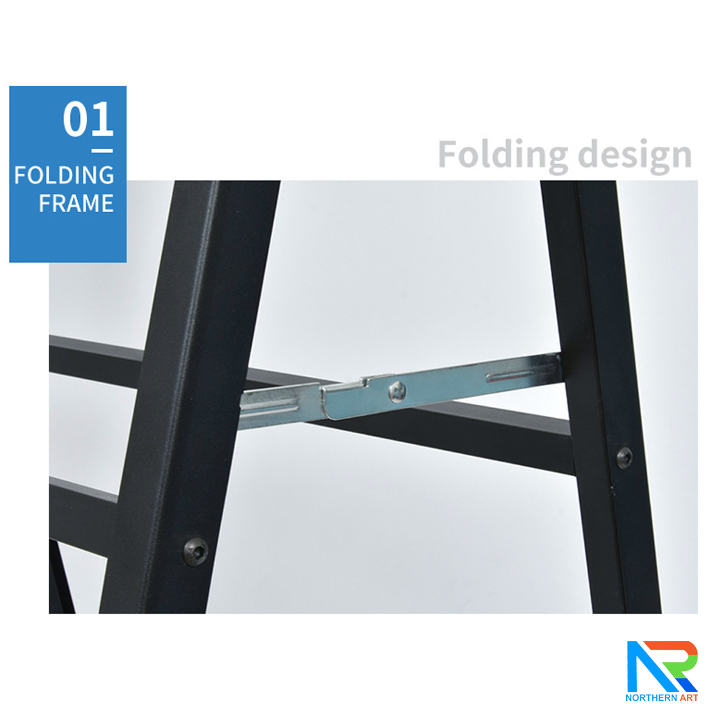 ป้ายตั้งพื้นเหล็ก สีดำ มีด้ามจับ ขนาด 60x90 cm. โชว์งานพิมพ์ 2 ด้าน พับเก็บได้ เคลื่อนย้ายสะดวก