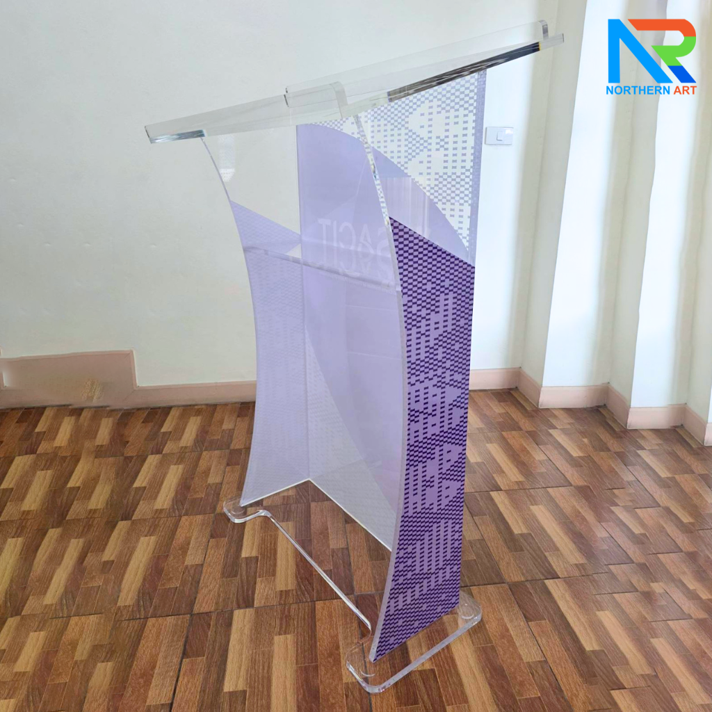 โพเดียม อะคริลิคใส AC-10 ขนาด(W)90 x (L)50 x (H)125 cm. TOP เอียงพร้อมกันตก วัสดุอะคริลิคใส หนา 15-20 มม.