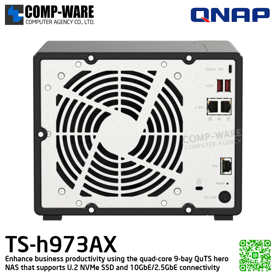 QNAP (Tower 9-Bay) TS-h973AX-32G / AMD Ryzen V1500B (4C/8T) / 5 x 2.5"/3.5" SATA 6Gbps + 2 x 2.5" U.2 NVMe PCIe Gen3 x4 / 2.5" SATA 6Gbps + 2 x 2.5" SATA 6Gbps / 2 x 2.5GbE + 1 x 10GBASE-T Multi-Gig / Adapter / 3Y Warranty / No HD