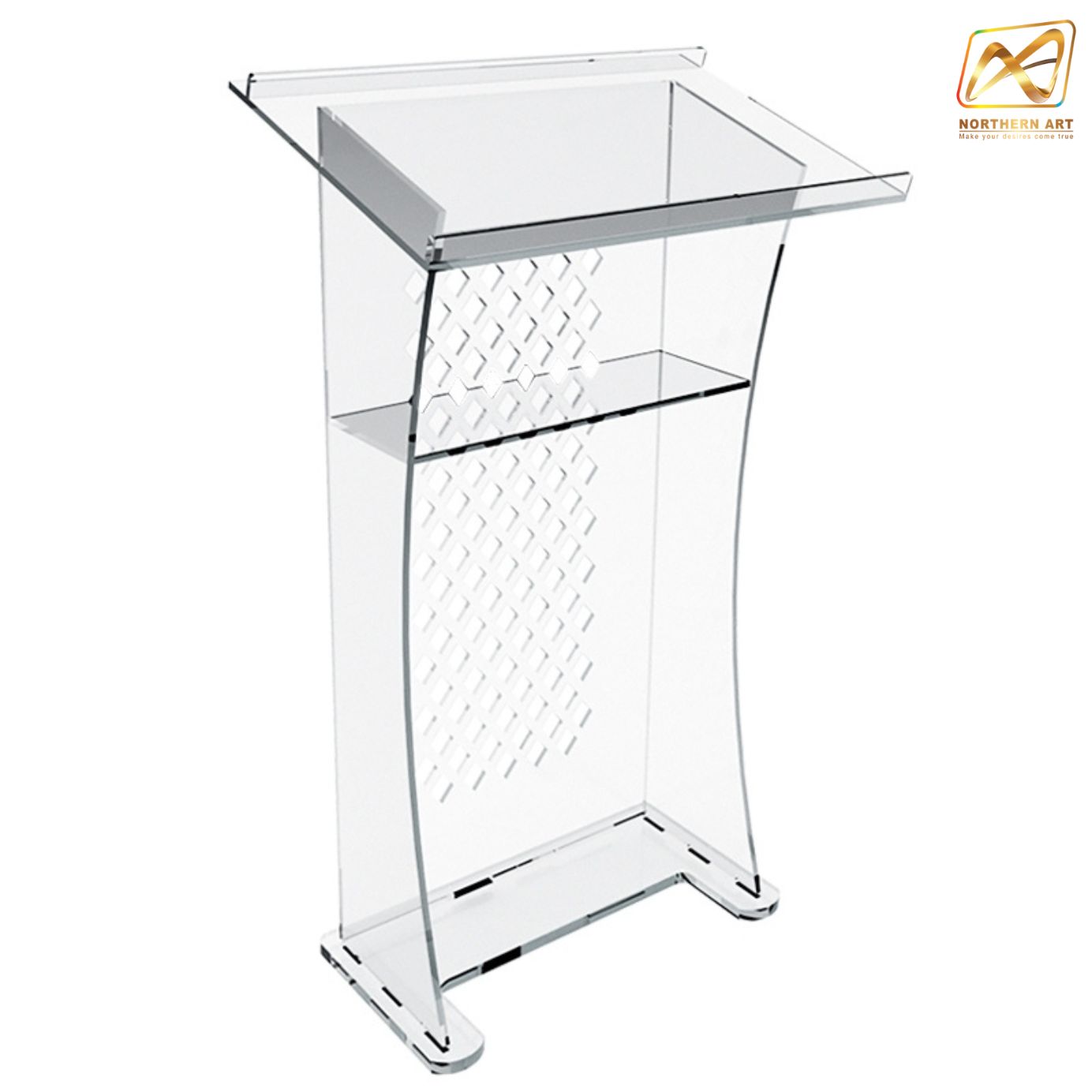 โพเดียม อะคริลิคใส AC-07 ขนาด 70x50x120 ซม.ด้านหน้าฉลุลาย TOP เอียงพร้อมกันตก วัสดุอะคริลิคใส หนา 10-20 มม.