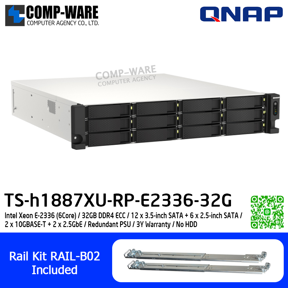 QNAP (2U 18-Bay) TS-h1887XU-RP-E2336-32G / Intel Xeon E-2336 (6Core) / 32GB DDR4 ECC / 12 x 3.5-inch SATA + 6 x 2.5-inch SATA / 2 x 10GBASE-T + 2 x 2.5GbE / Redundant PSU / 3Y Warranty / No HDD / Rail Kit RAIL-B02