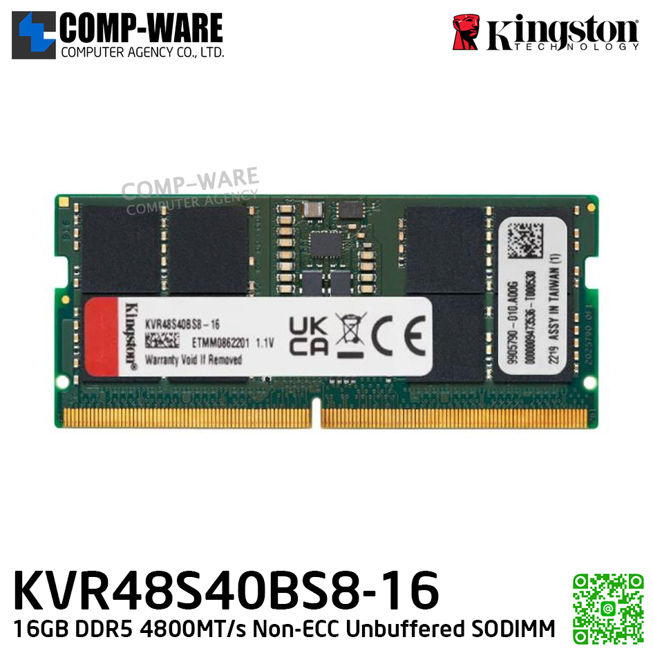 Kingston KVR48S40BS8-16 16GB DDR5 4800MT/s Non-ECC Unbuffered SODIMM - Lifetime Warranty - Memory Module - RAM