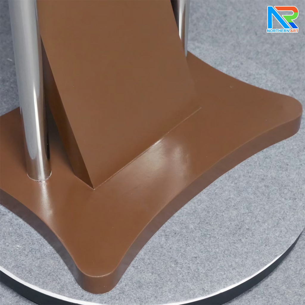 โพเดียมไม้ สีโอ๊ค ขนาด (W) 41 x (L) 50 x (H) 120 cm. พร้อมเสาสแตนเลสคู่ TOP เอียง อะคริลิคใส ติดหมุด