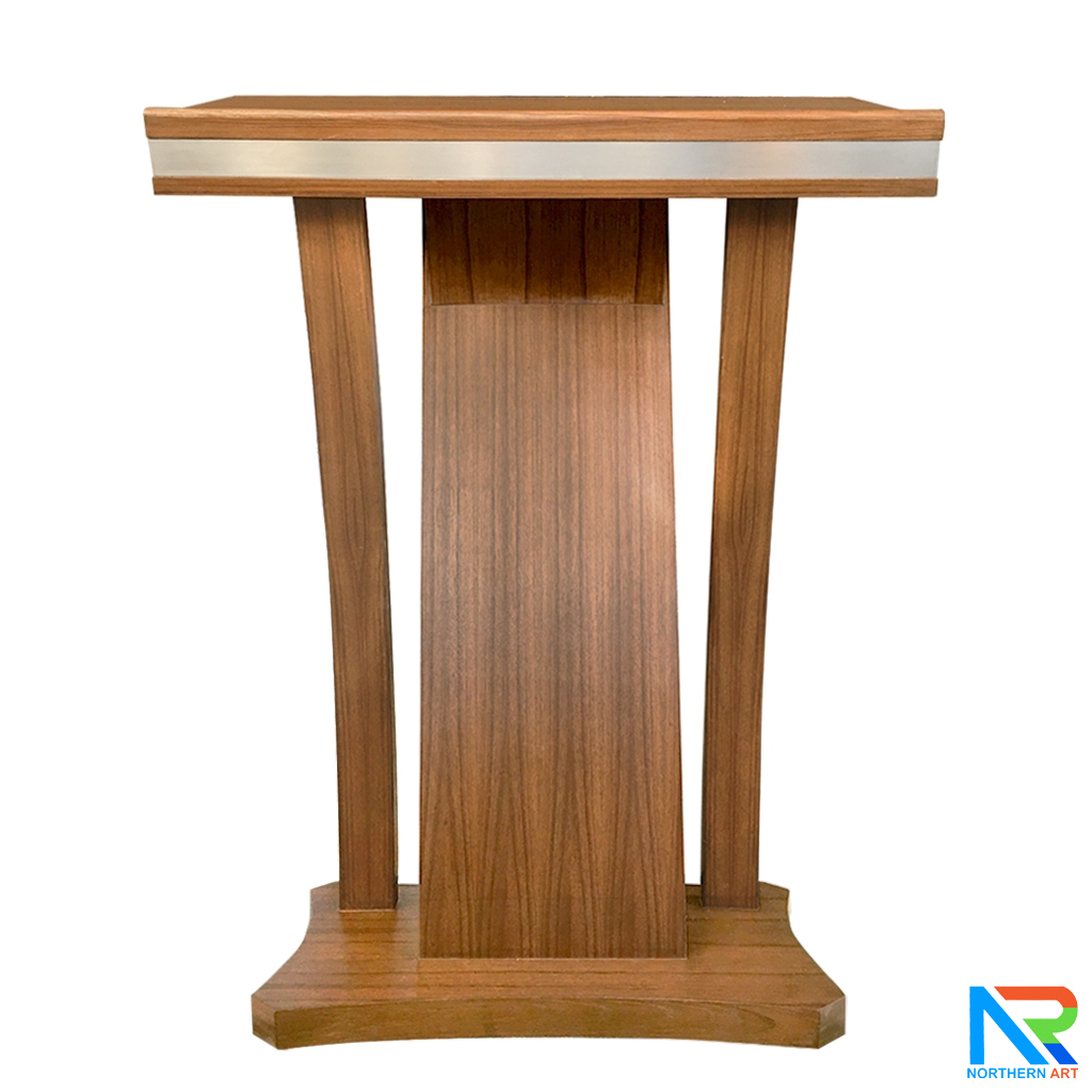 โพเดียมไม้ ยืนคู่ ขนาด 90x52x121 cm.ลายไม้ สีสัก แต่งไม้โค้งด้านข้าง พร้อมแถบลามิเนตสีเงินเงาTOPและ เสาข้าง