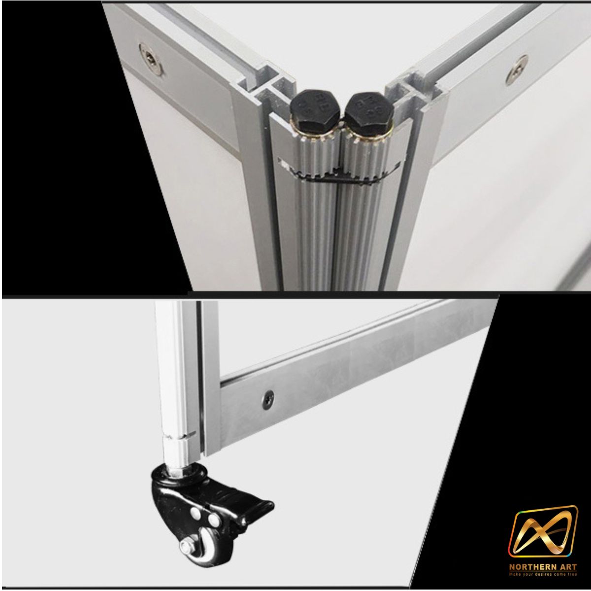 บอร์ดจัดนิทรรศการ แบบตั้งตรงต่อเนื่อง 3 บาน พร้อมล้อ และชุดค้ำยัน โครงอะลูมิเนียม ถอดประกอบได้ เคลื่อนย้ายสะดวก