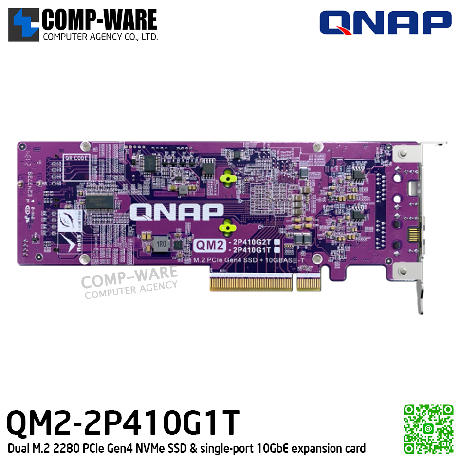 QNAP QM2-2P410G1T Dual M.2 2280 PCIe Gen4 NVMe SSD & single-port 10GbE expansion card (รับประกัน 2ปี)