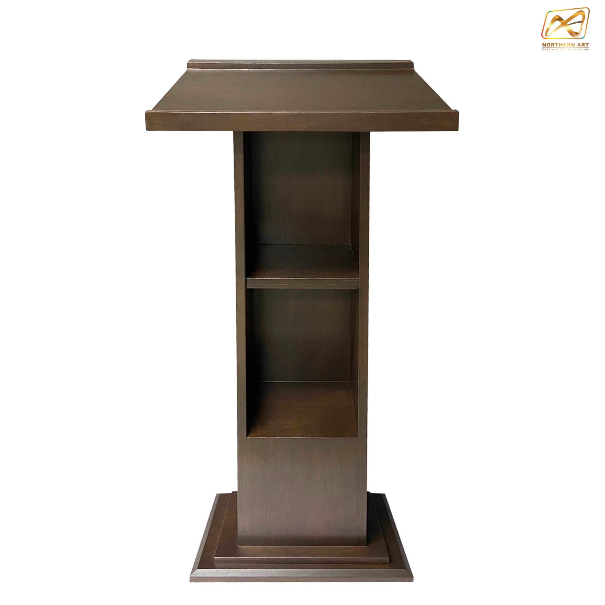 โพเดียมไม้ สีโอ๊ค ทรงโมเดิร์น TOPตรง ขนาด (W)55 x (L)42 x (H)109 cm. พร้อมชั้นวางของ