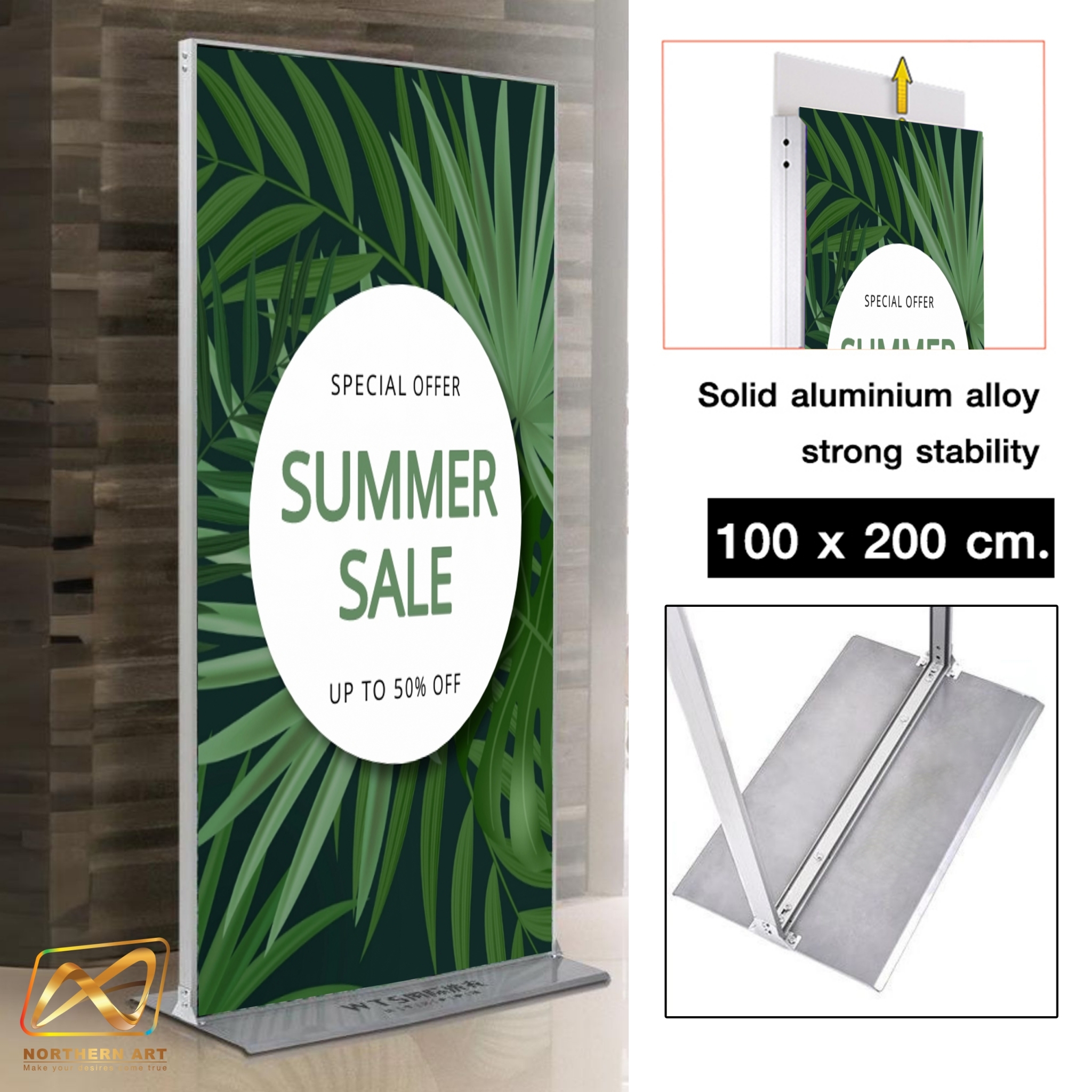 บอร์ดนิทรรศการ ตั้งเดี่ยว รุ่นLUXURY ขนาด 100x200 ซม. โครงอะลูมิเนียม ฐานเหล็กหนา โชว์งานพิมพ์ 2 ด้าน ถอดประกอบได้