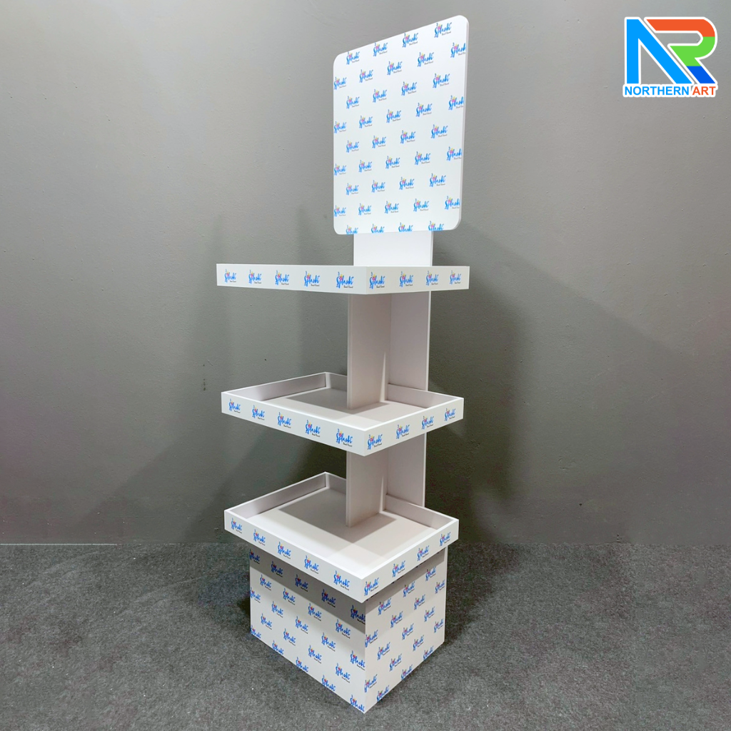 ชั้นวางสินค้าพลาสวูด 3 ชั้น ขนาด (W)40 x (D)31.6 x (H)150 ซม. พลาสวูดหนา 8 มม.พร้อมงานพิมพ์สติ๊กเกอร์