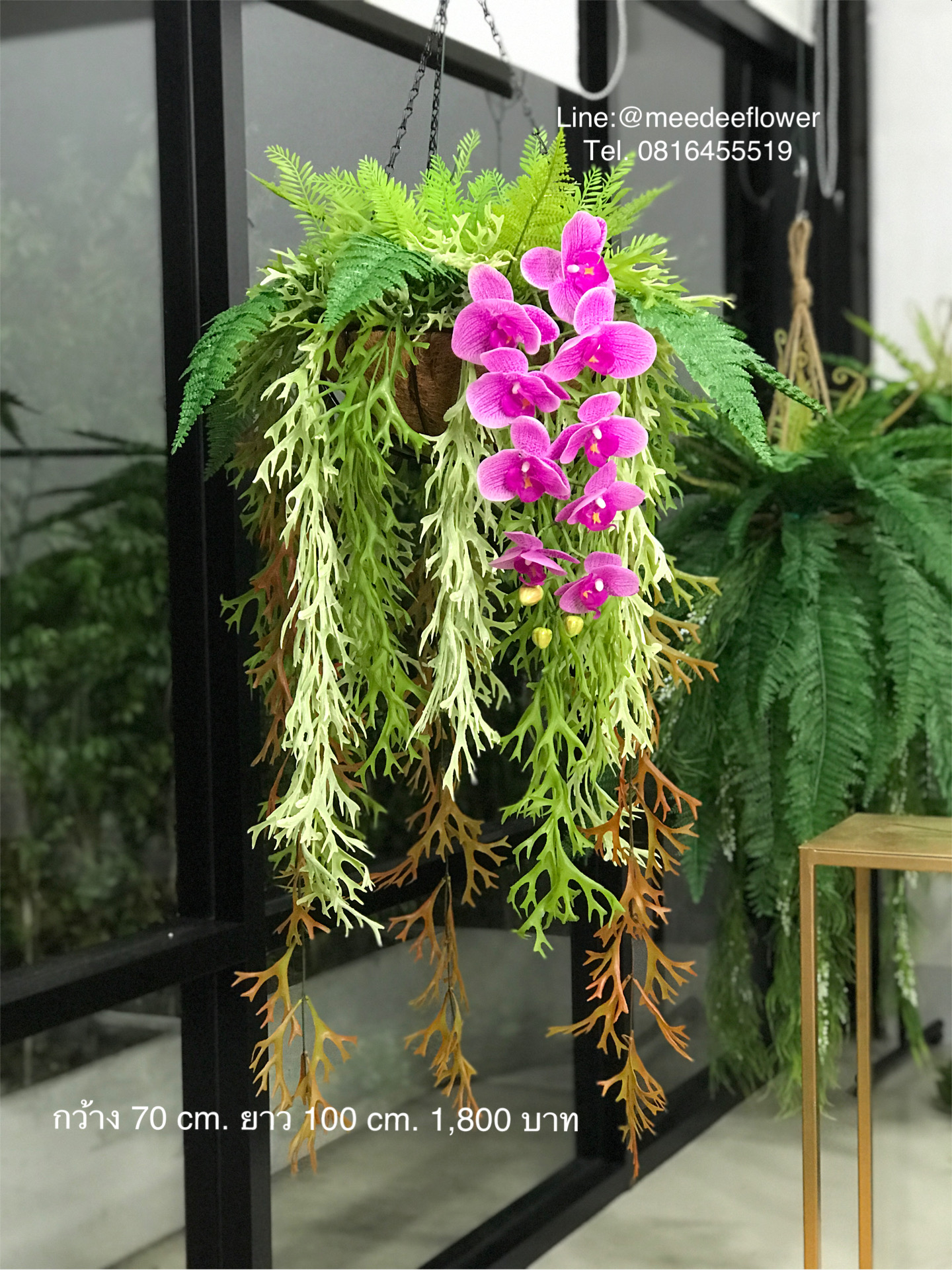 กระเช้าเฟิร์น กระเช้าเฟิร์นปลอม จัดเหมือนจริง ความกว้าง 70 cm. ยาว 100 cm.