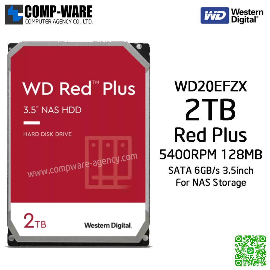 WD Red Plus 2TB NAS Hard Disk Drive - 5400RPM SATA 6Gb/s 128MB Cache 3.5Inch - WD20EFZX รับประกัน 3ปี