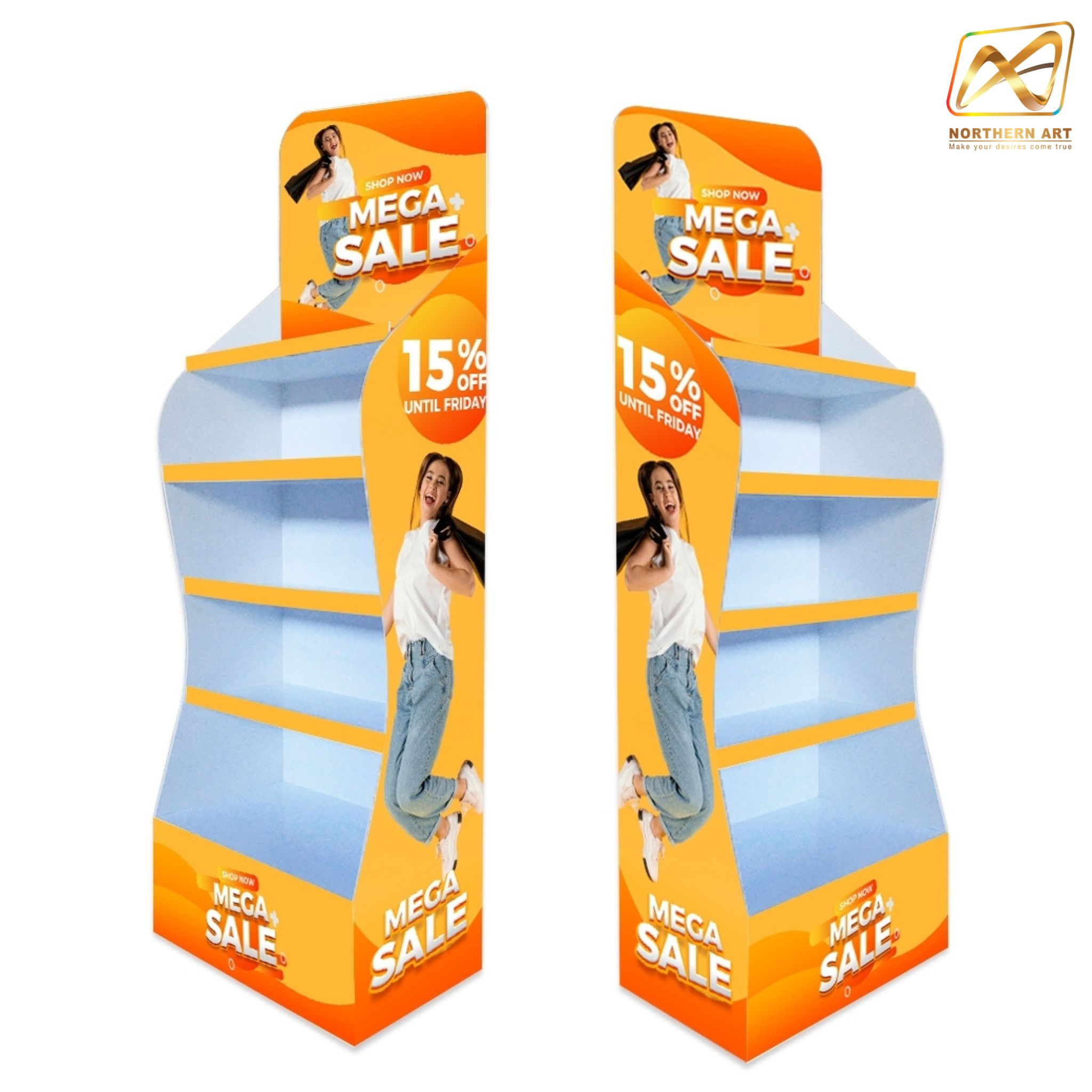 ชั้นวางสินค้าพลาสวูด 5 ชั้น ขนาด (W)50 x (D)30 x (H)150 ซม. พลาสวูดสีหนา 8 มม. พร้อมงานพิมพ์