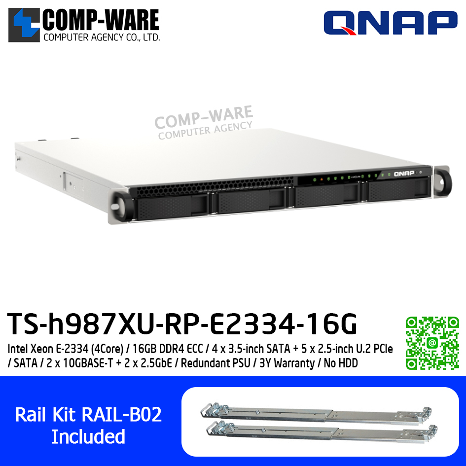 QNAP (1U 9-Bay) TS-h987XU-RP-E2334-16G / Intel Xeon E-2334 (4Core) / 16GB DDR4 ECC / 4 x 3.5-inch SATA + 5 x 2.5-inch U.2 PCIe, SATA / 2 x 10GBASE-T + 2 x 2.5GbE / Redundant PSU / 3Y Warranty / No HDD / Rail Kit RAIL-B02