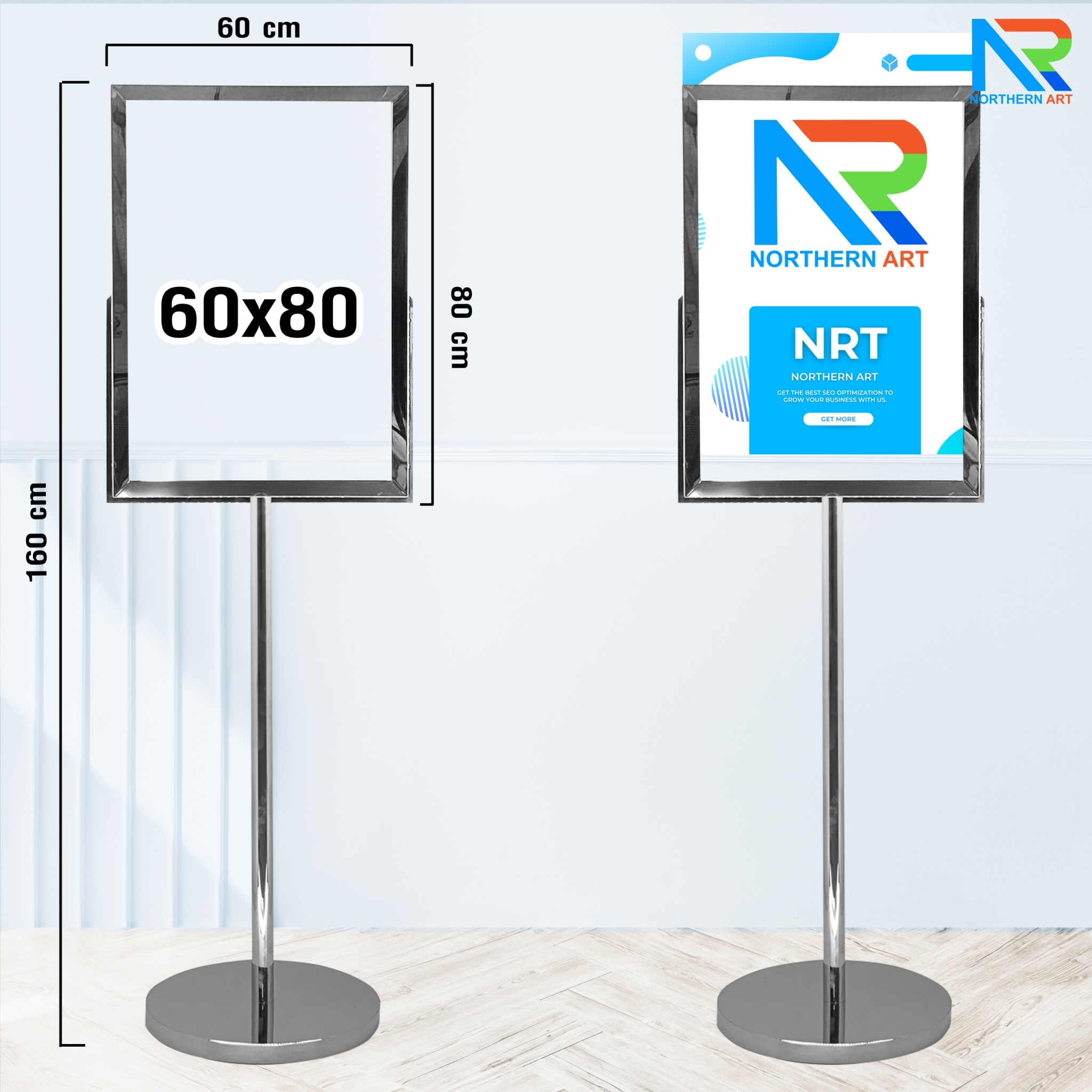 โปสเตอร์สแตนด์ สแตนเลส304 ขนาด60x80 ซม. ฐานกลม เสาเดี่ยว อะคริลิคหนา3มม.ประกบ2แผ่น โชว์งานพิมพ์2ด้าน