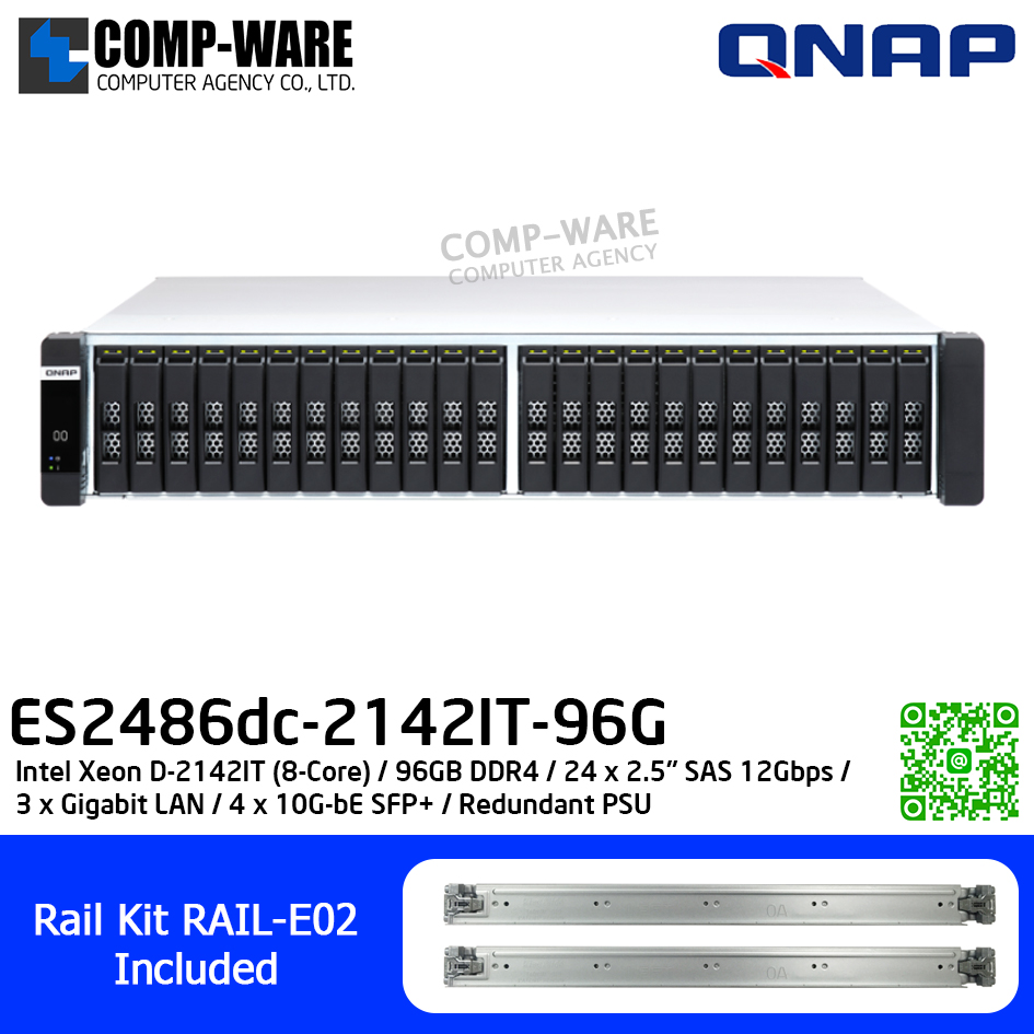 QNAP (2U 24-Bay) ES2486dc-2142IT-96G / Intel Xeon D-2142IT (8-Core) / 96GB DDR4 / 24 x 2.5" SAS 12Gbps / 3 x Gigabit LAN / 4 x 10G-bE SFP+ / Redundant PSU / 5Y Warranty / No HDD / Rail Kit RAIL-E02