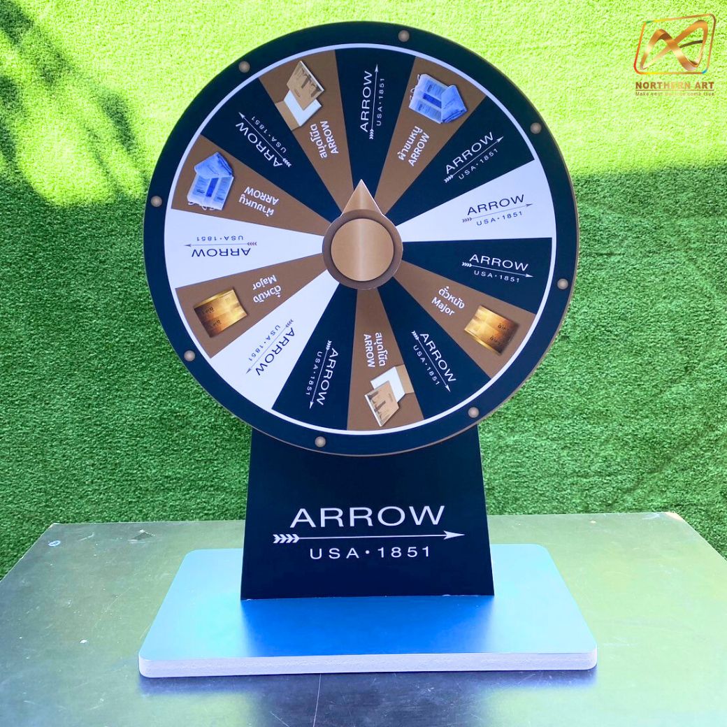 เกมส์วงล้อตั้งโต๊ะ ขนาดวงล้อ 40 ซม. สูง 56 ซม. วัสดุพลาสวูดสีขาว หนา 8-15 มม. ถอดประกอบได้