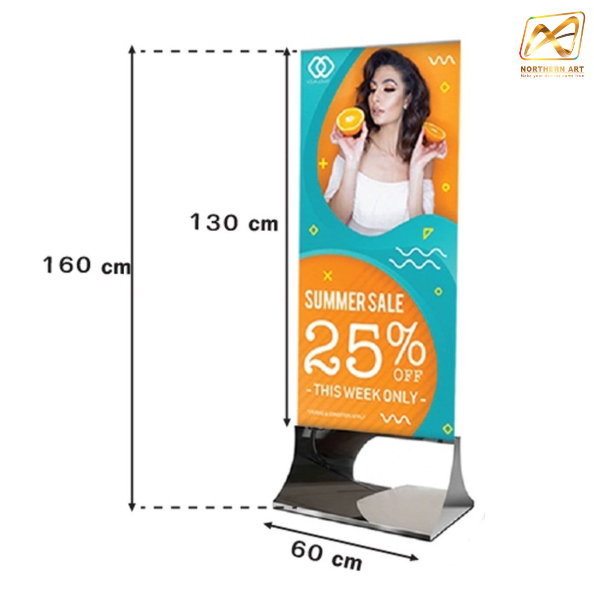 CLEARANCE SALE! ป้ายตั้งพื้น ฐานสแตนเลสเงาพร้อมล้อ ขนาด 60x160 ซม.ถอดประกอบได้ โชว์งานพิมพ์สองด้าน ( ราคาเฉพาะฐาน ไม่รวมแผ่น)