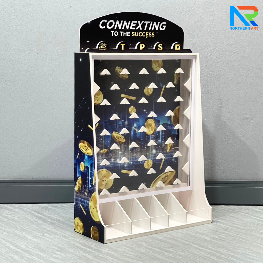 เช่าเกมส์หย่อนเหรียญตั้งโต๊ะ ขนาด (W)50 X (D)20 X (80) cm. วัสดุพลาสวูดหนา 8 มม. พร้อมเหรียญพลาสติกคละสี 10 เหรียญ