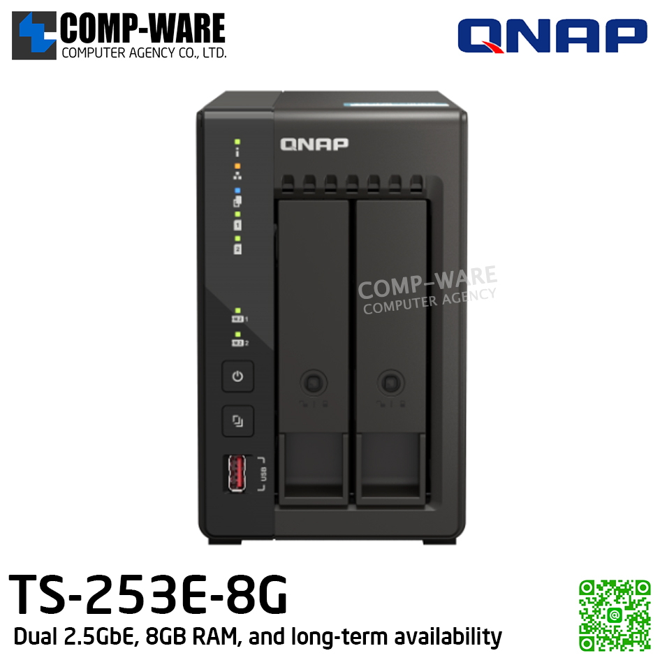 QNAP (Tower 2-Bay) TS-253E-8G / Intel Celeron J6412 / 8GB on board / 2 x 3.5-inch SATA 6Gb/s / 2 x 2.5GbE / 2 x M.2 2280 / 2 x HDMI 1.4b / Adapter Power / 3Y Warranty / No HDD