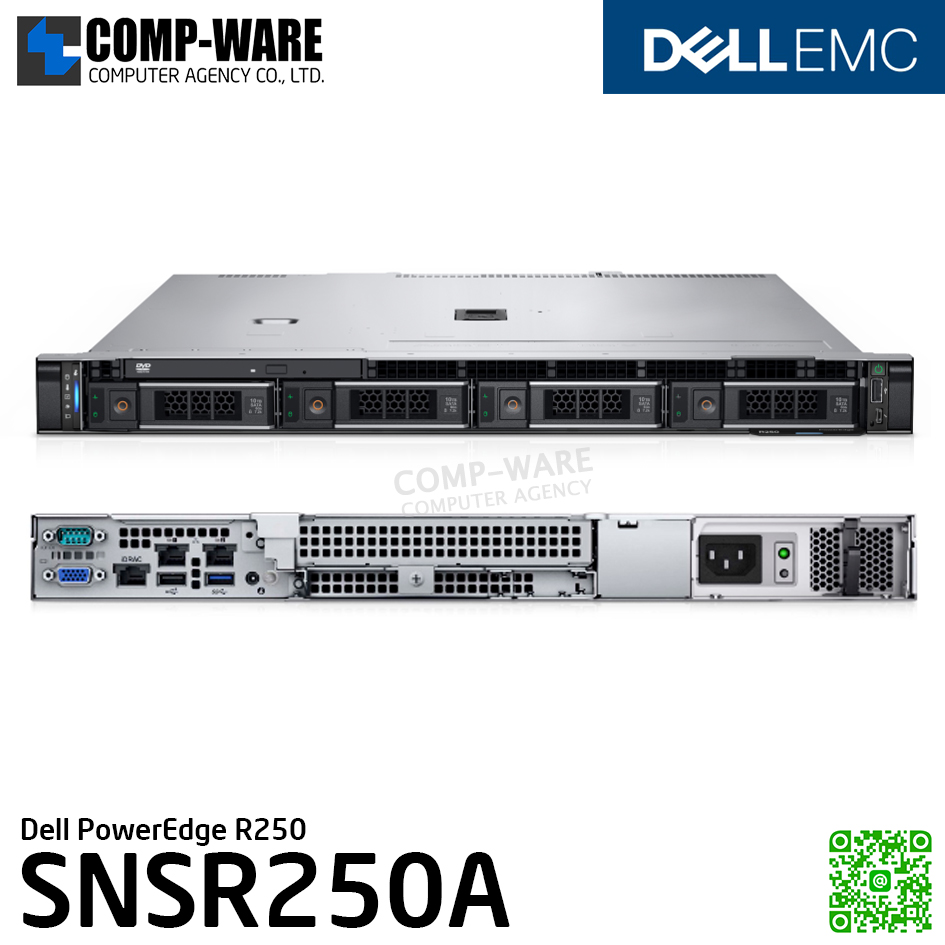 Dell PowerEdge R250 (SNSR250A) - Xeon E-2334 / 16GB DDR4 ECC / 2x480GB SSD SATA / PERC H755 Controller Adapter / DVD+/- RW SATA / Single 450W PSU / DOS / 3Yr Pro Support