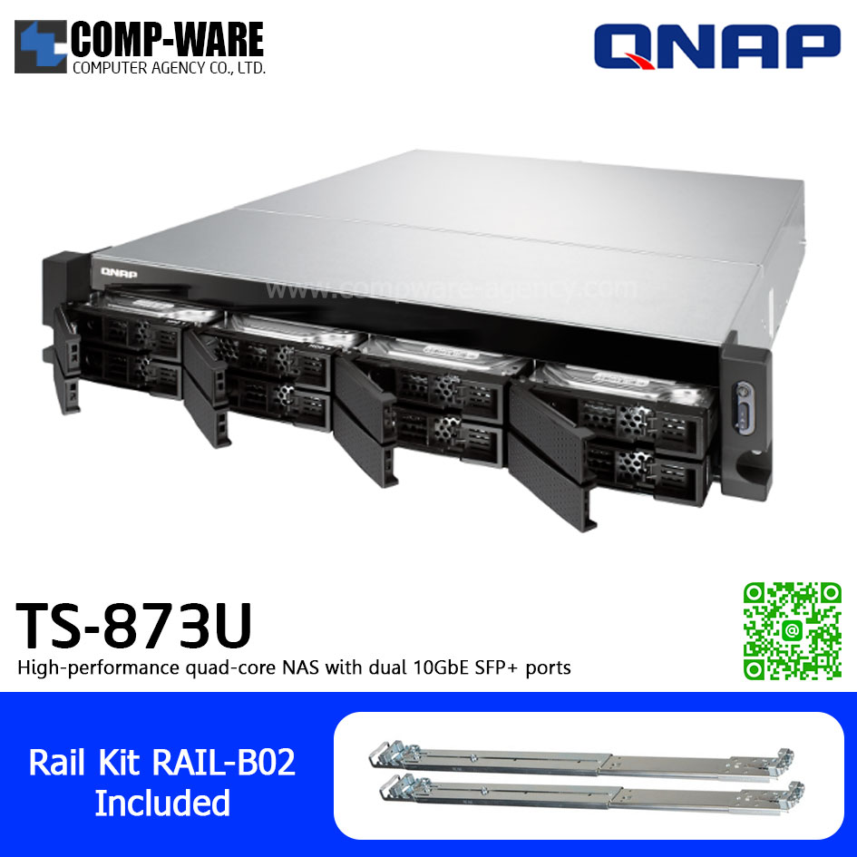 QNAP NAS (2U 8-Bay) TS-873U-4G (4GB RAM up to 64GB) AMD R-Series RX-421ND , 2 x 10GbE SFP+ ,Single Power Supply w/Rail Kit RAIL-B02, No HDD