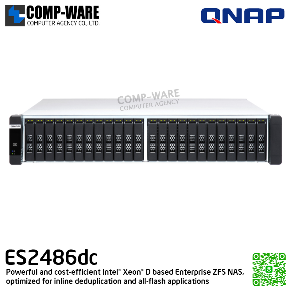 QNAP (2U 24-Bay) ES2486dc-2142IT-96G / Intel Xeon D-2142IT (8-Core) / 96GB DDR4 / 24 x 2.5" SAS 12Gbps / 3 x Gigabit LAN / 4 x 10G-bE SFP+ / Redundant PSU / 5Y Warranty / No HDD / Rail Kit RAIL-E02