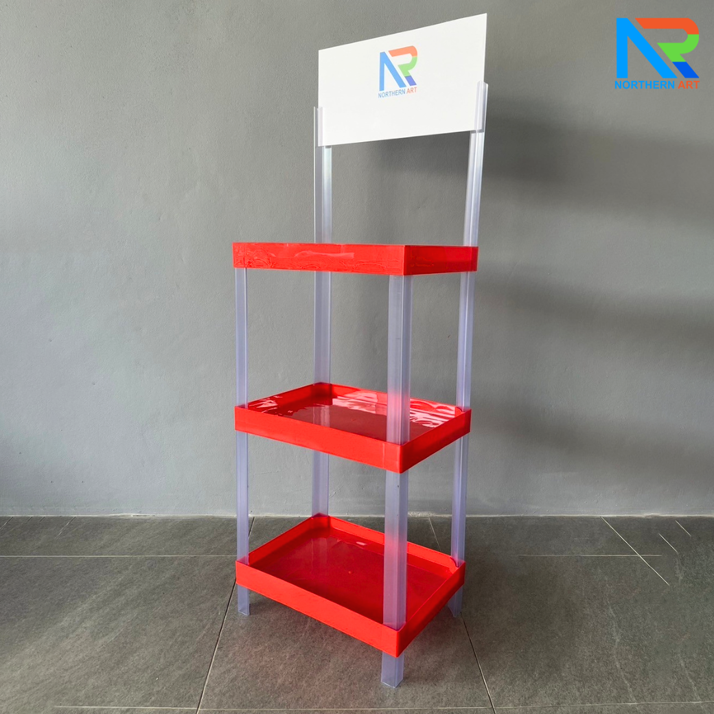 ชั้นวางสินค้าพลาสติก 3 ชั้น สีแดง ขนาด (W) 53 x (L) 35 x (H) 140 cm. น้ำหนักเบา ถอดประกอบได้