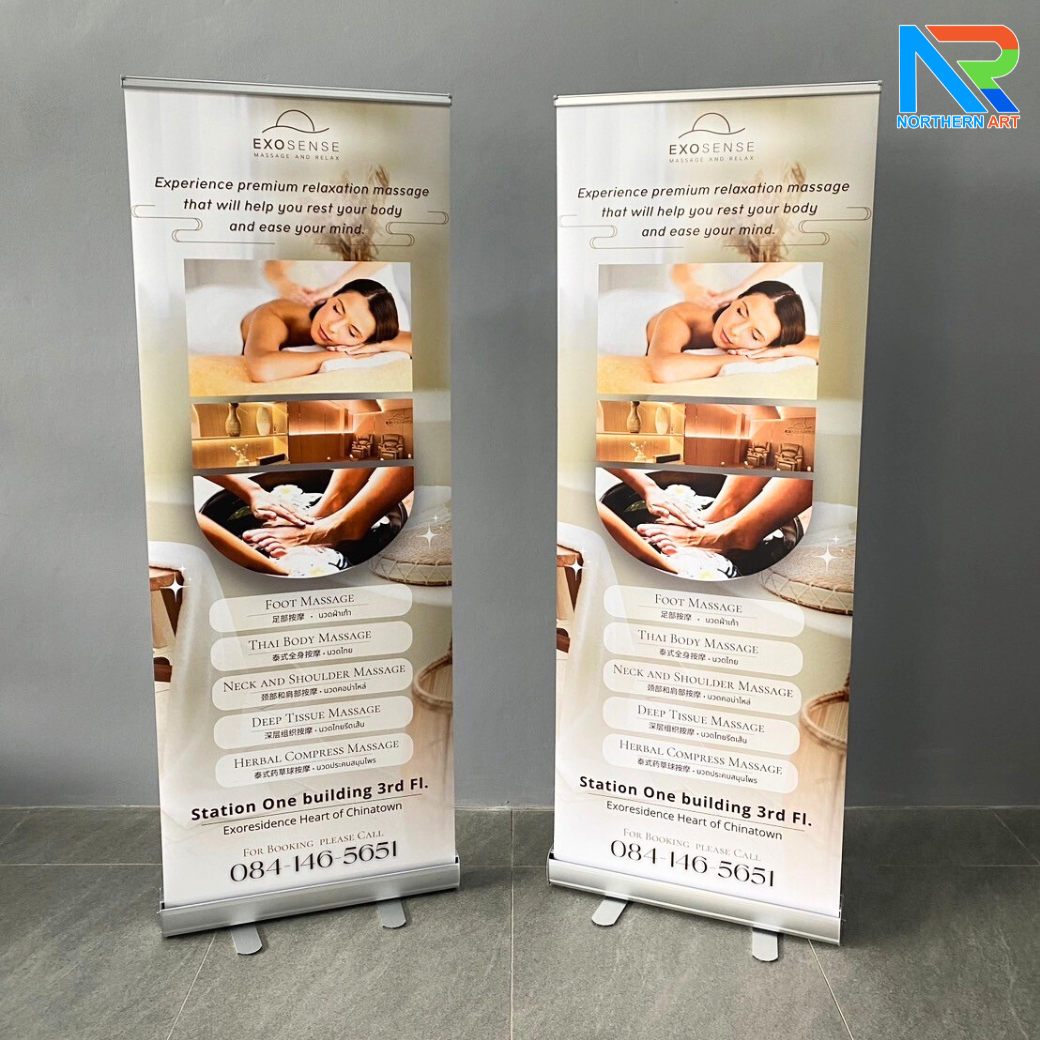 ROLL UP GRADE A โรลอัพ ขนาด 60x160 ซม. โครงสร้างอะลูมิเนียมทั้งชุด แข็งแรง ทนทาน ม้วนเก็บได้ พกพาสะดวก