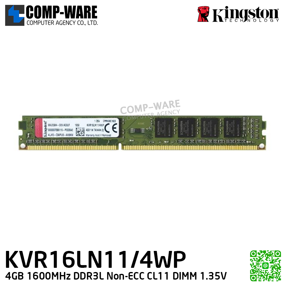 Kingston KVR16LN11/4WP 4GB 1600MHz DDR3L Non-ECC CL11 DIMM 1.35V - Lifetime Warranty - Memory Module - RAM