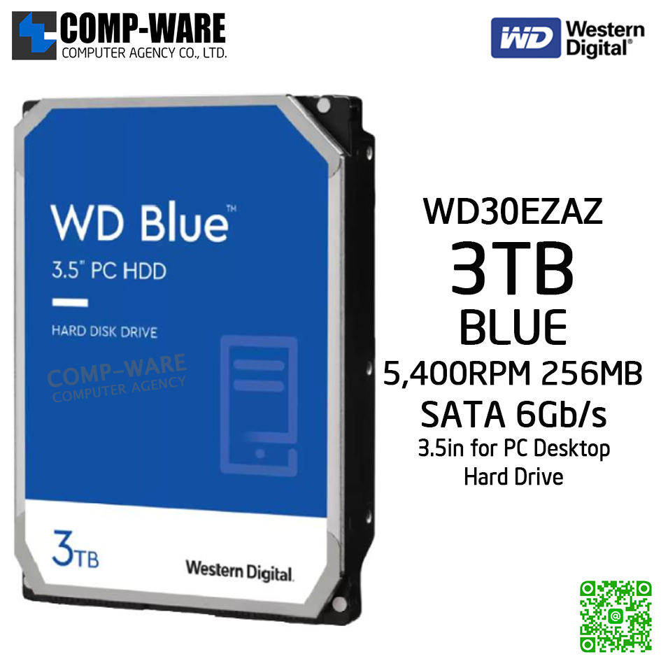 WD Blue 3TB Desktop Hard Disk Drive SATA 6 Gb/s 5400RPM 256MB Cache 3.5Inch - WD30EZAZ (รับประกัน 3 ปี)