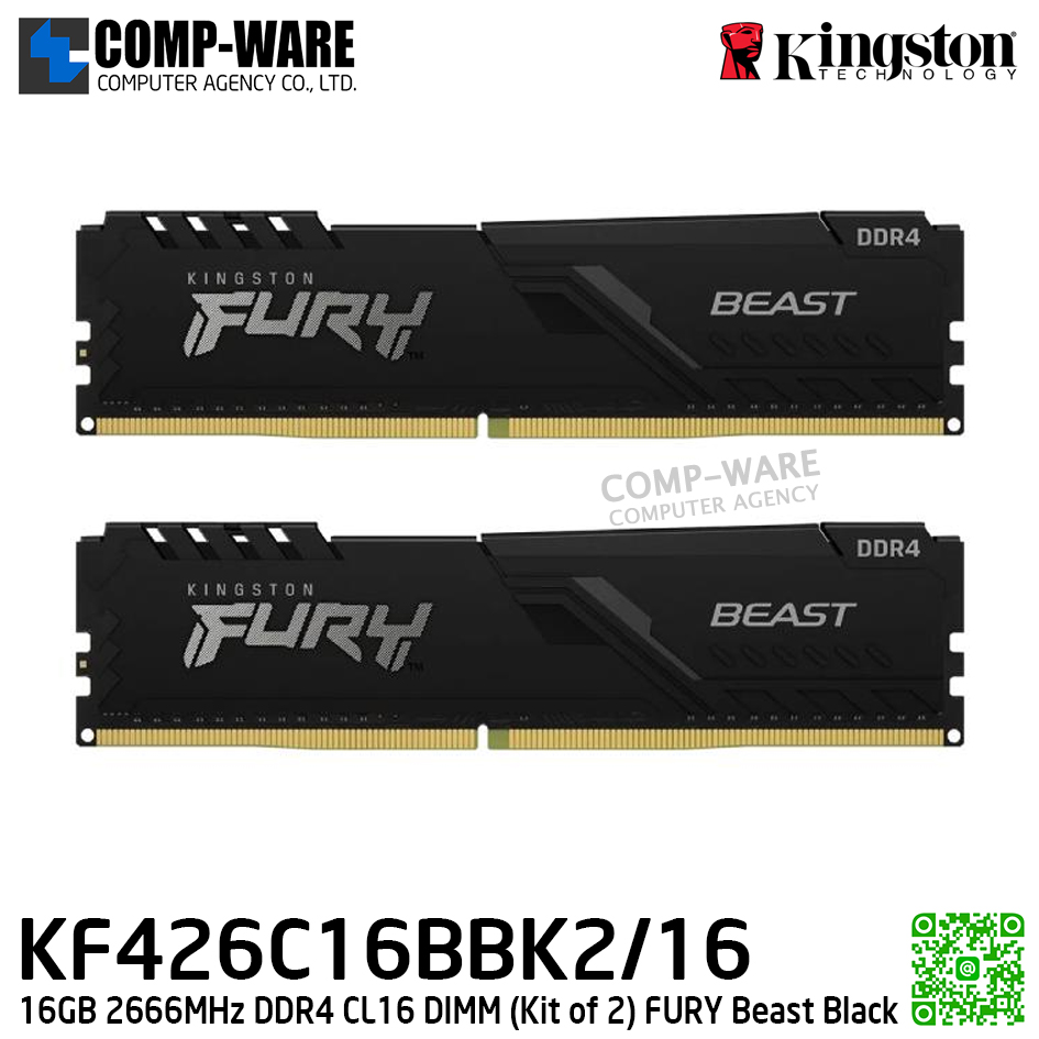 Kingston KF426C16BBK2/16 16GB 2666MHz DDR4 CL16 DIMM (Kit of 2) FURY Beast Black - Lifetime Warranty - Memory Module - RAM