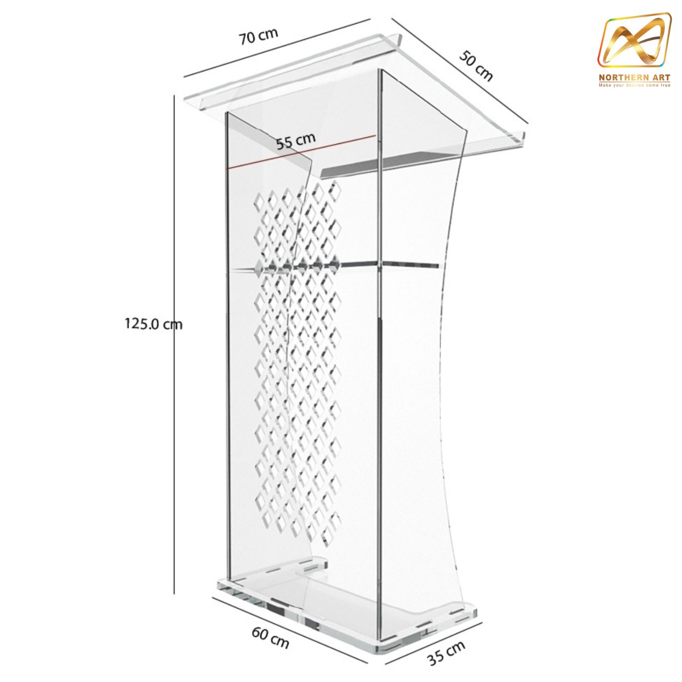 โพเดียม อะคริลิคใส AC-07 ขนาด 70x50x120 ซม.ด้านหน้าฉลุลาย TOP เอียงพร้อมกันตก วัสดุอะคริลิคใส หนา 10-20 มม.