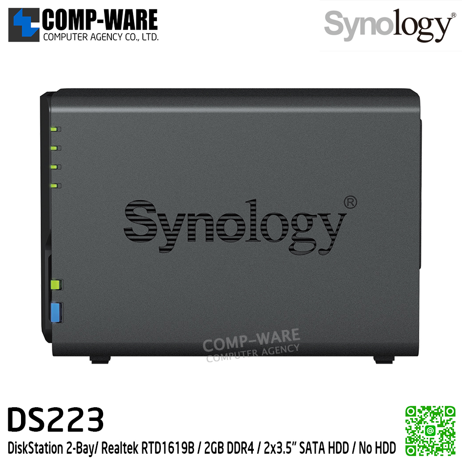Synology DiskStation (Tower 2-Bay) DS223 / Realtek RTD1619B / 2GB DDR4 / 2x3.5" SATA HDD / No HDD / 2Y Warranty