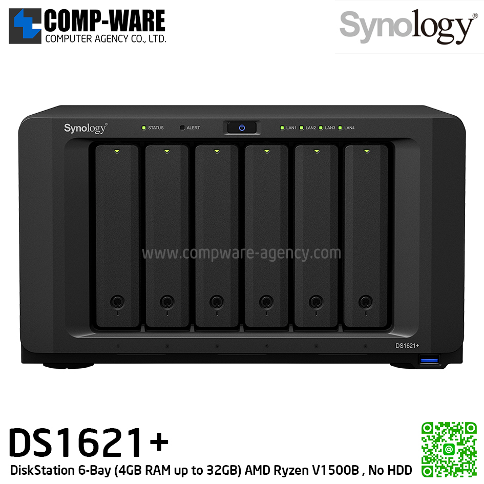 Synology DiskStation (6-Bay) DS1621+ / AMD Ryzen V1500B / 4GB RAM up to 32GB / No HDD / 3Y Warranty