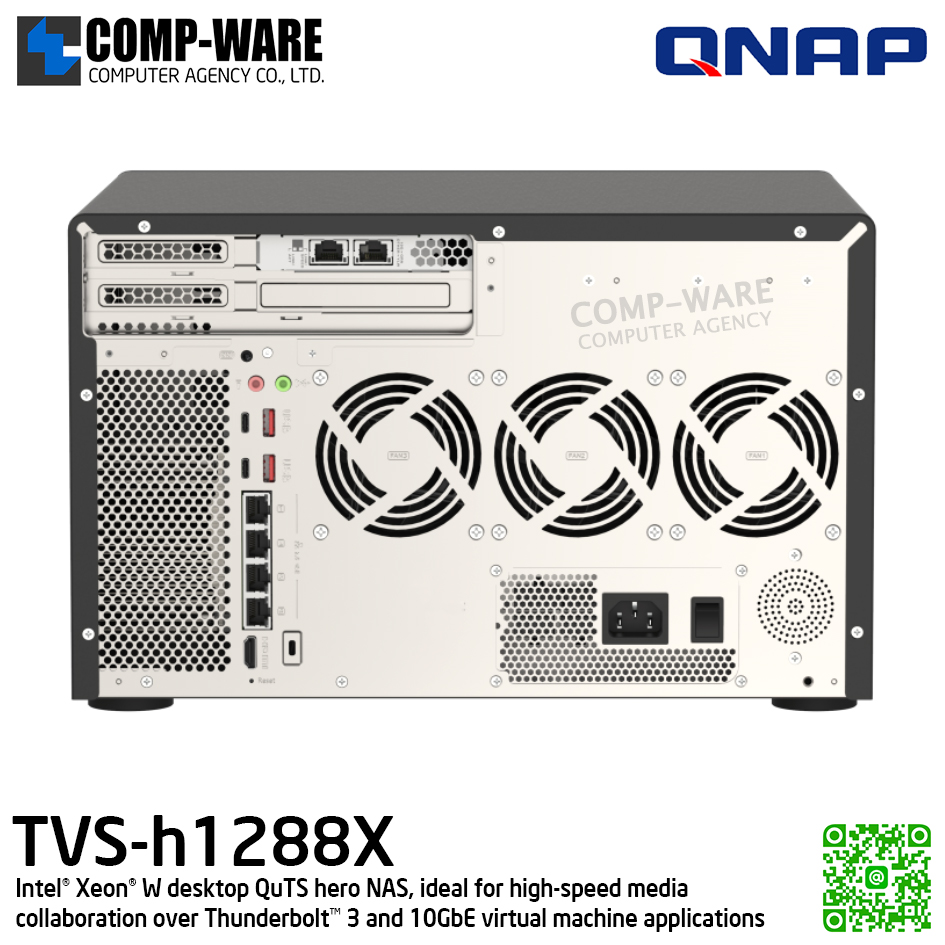 QNAP (Tower 12-Bay) TVS-h1288X-W1250-16G / Intel Xeon W-1250 (6C/12T) / 16GB DDR4 ECC / 8 x 2.5"/3.5" SATA 6Gbps + 4 x 2.5" SATA 6Gbps + 2 x M.2 NVMe PCIe Gen3 x4 / 550W Single PSU / 3Y Warranty , No HDD
