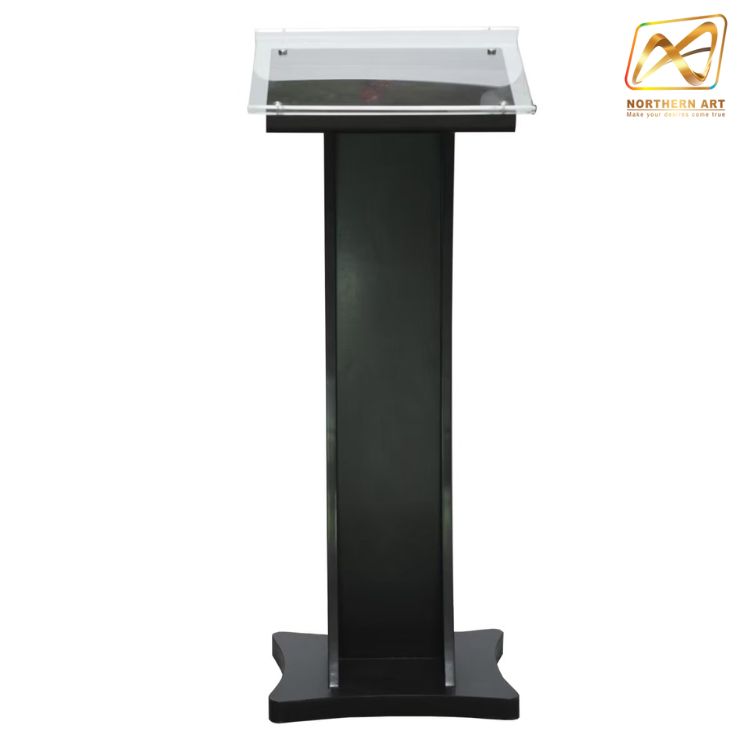 โพเดียมไม้ สีดำ ขนาด (W) 48 x (L) 40 x (H) 120 cm. Top เอียง ปิดทับอะคริลิคใสพร้อมหมุด