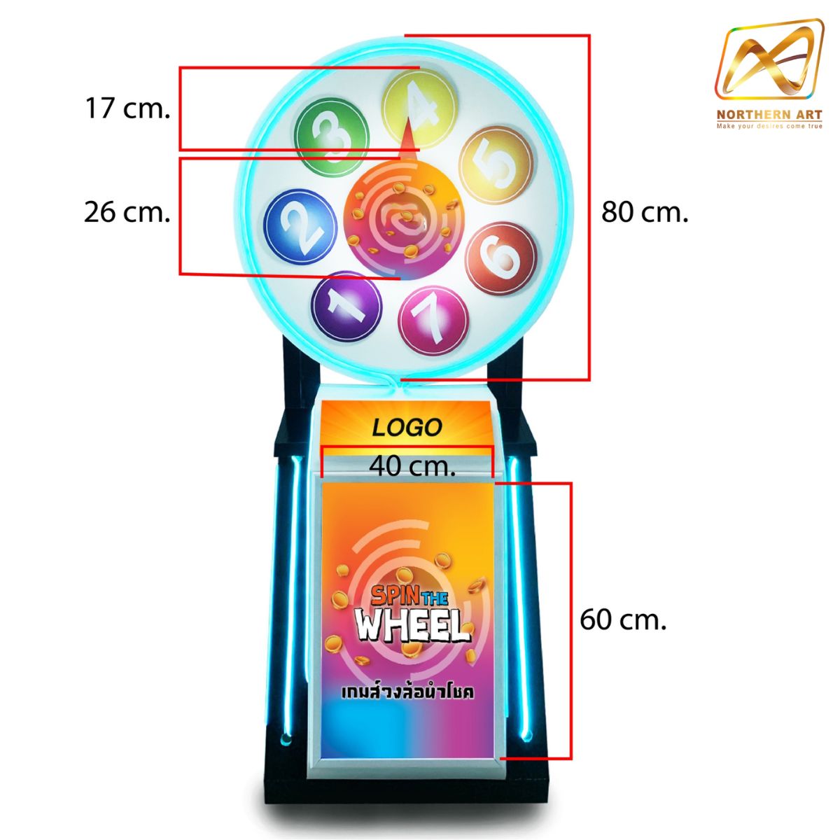 เช่าเกมส์วงล้อ มีไฟ มือหมุน ขนาด (W) 80 x (H) 162 ซม.พร้อมกรอบสแนปเฟรม สำหรับใส่ภาพด้านหน้า