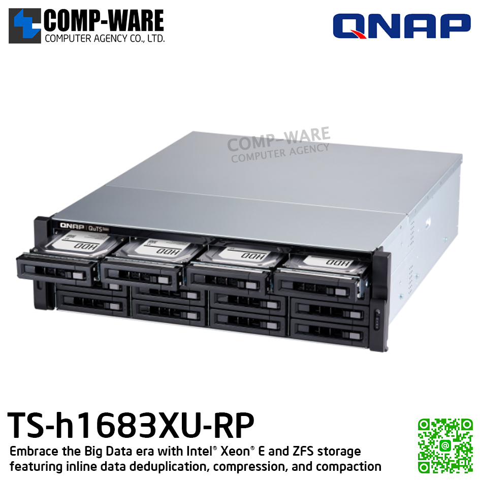 QNAP (3U 16-Bay) TS-h1683XU-RP-E2236-128G / Intel Xeon E-2236 (6C/12T) / 128GB DDR4 ECC / 16 x 2.5"/3.5" SATA 6Gbps / 4 x 1GbE RJ45, 2 x 10GbE SFP+ SmartNIC / 500W Redundant PSU / 3Y Warranty / No HDD / Rail Kit RAIL-A03-57