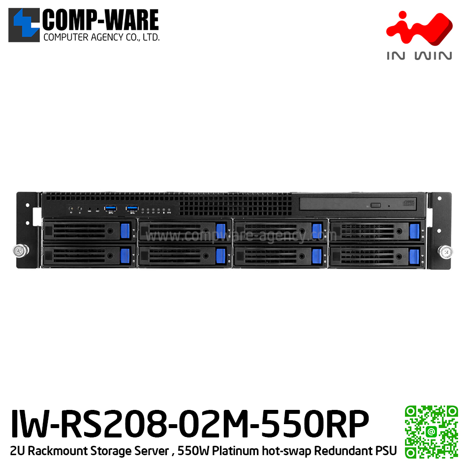 IN-WIN IW-RS208-02M-550RP 2U Rackmount Middle Depth Storage Server, 550W Platinum hot-swap Redundant Power Supply (เคสเปล่า+พาวเวอร์ซัพพลาย) รับประกัน 3ปี
