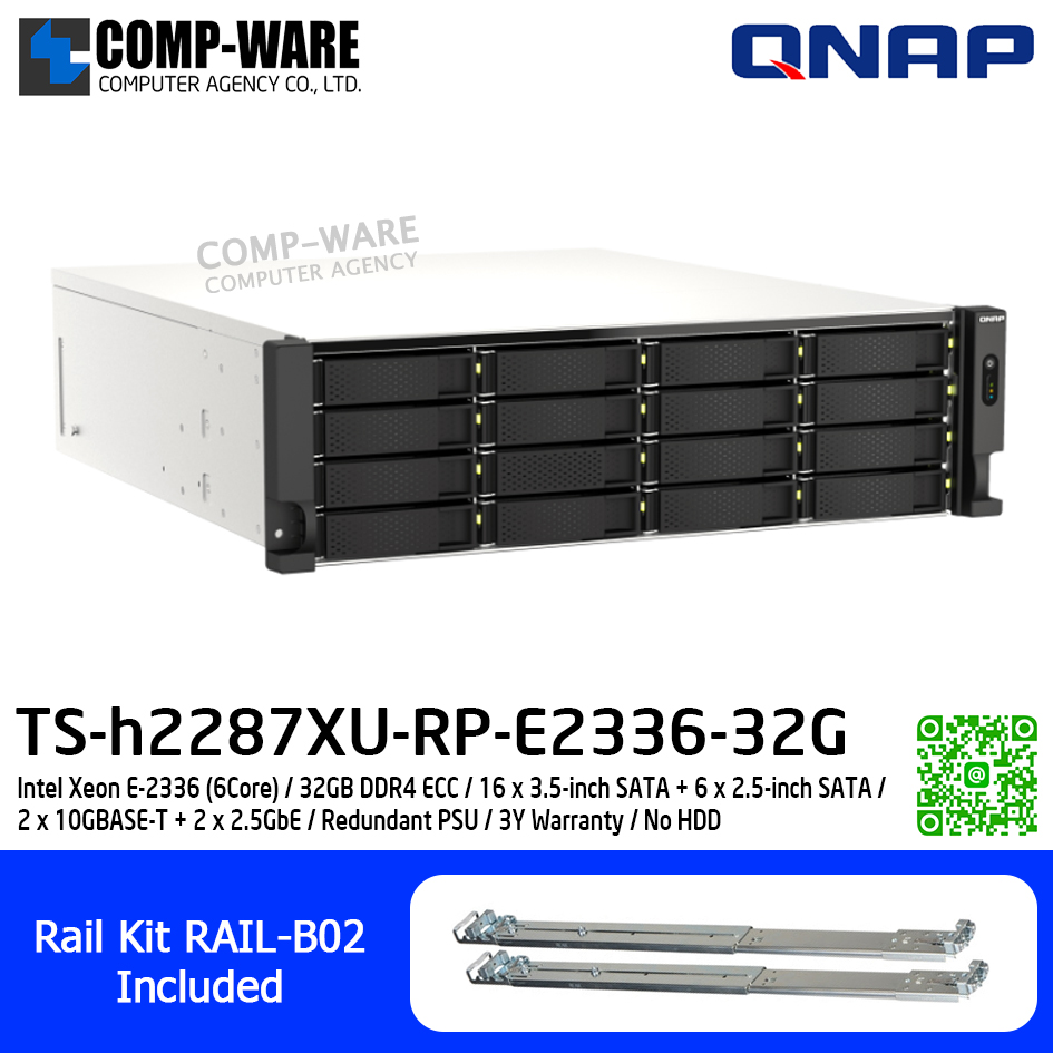 QNAP (3U 22-Bay) TS-h2287XU-RP-E2336-32G / Intel Xeon E-2336 (6Core) / 32GB DDR4 ECC / 16 x 3.5-inch SATA + 6 x 2.5-inch SATA / 2 x 10GBASE-T + 2 x 2.5GbE / Redundant PSU / 3Y Warranty / No HDD / Rail Kit RAIL-B02