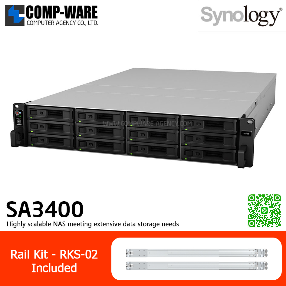Synology RackStation (2U 12-Bay) SA3400 (16GB ECC RAM up to 128GB) Intel Xeon D-1541 8-Core ,with Rail Kit RKS-02, No HDD