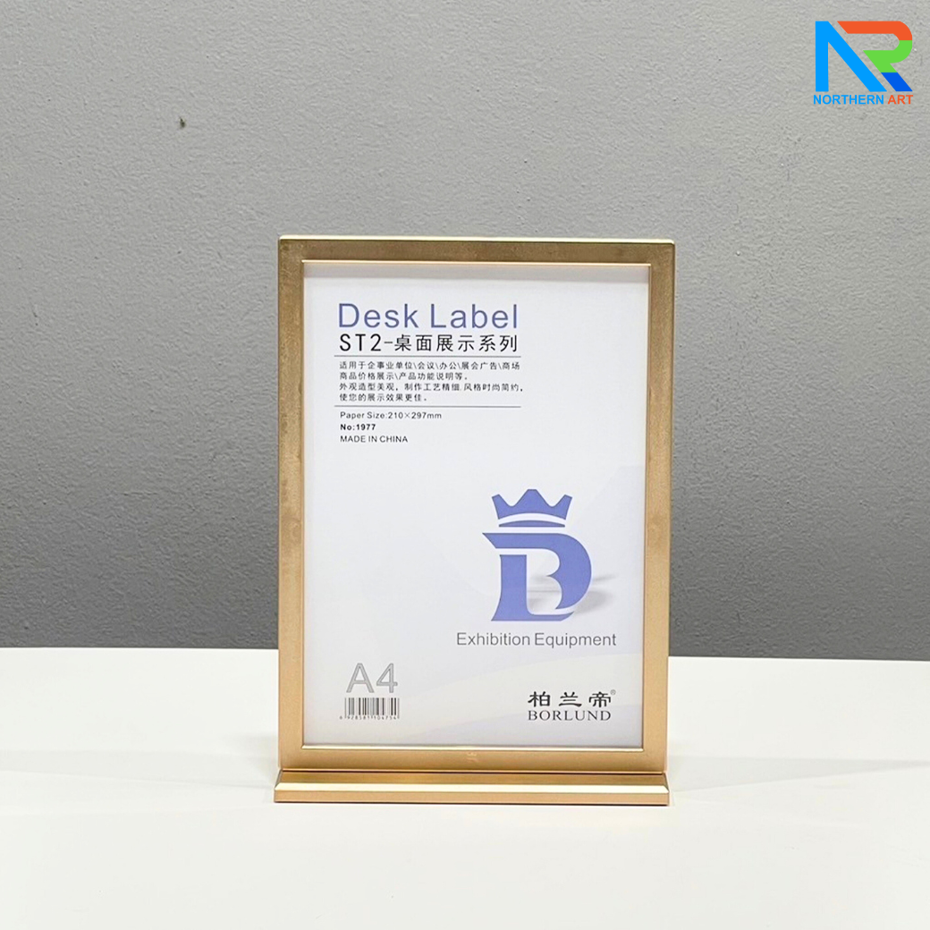 ป้ายตั้งโต๊ะ รุ่น F กรอบเฟรม สีทองและสีเงิน ขนาด A4 ฐานพลาสติก โชว์งานพิมพ์ได้ 2 หน้า ถอดประกอบได้