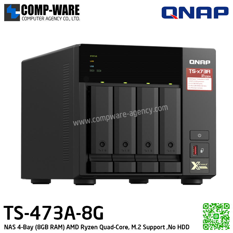 QNAP NAS (4-Bay) TS-473A (8GB RAM up to 64GB) AMD Ryzen V1500B Quad-Core, M.2 Dual-Slot Support ,No HDD / TS-473A-8G / 3Y Warranty