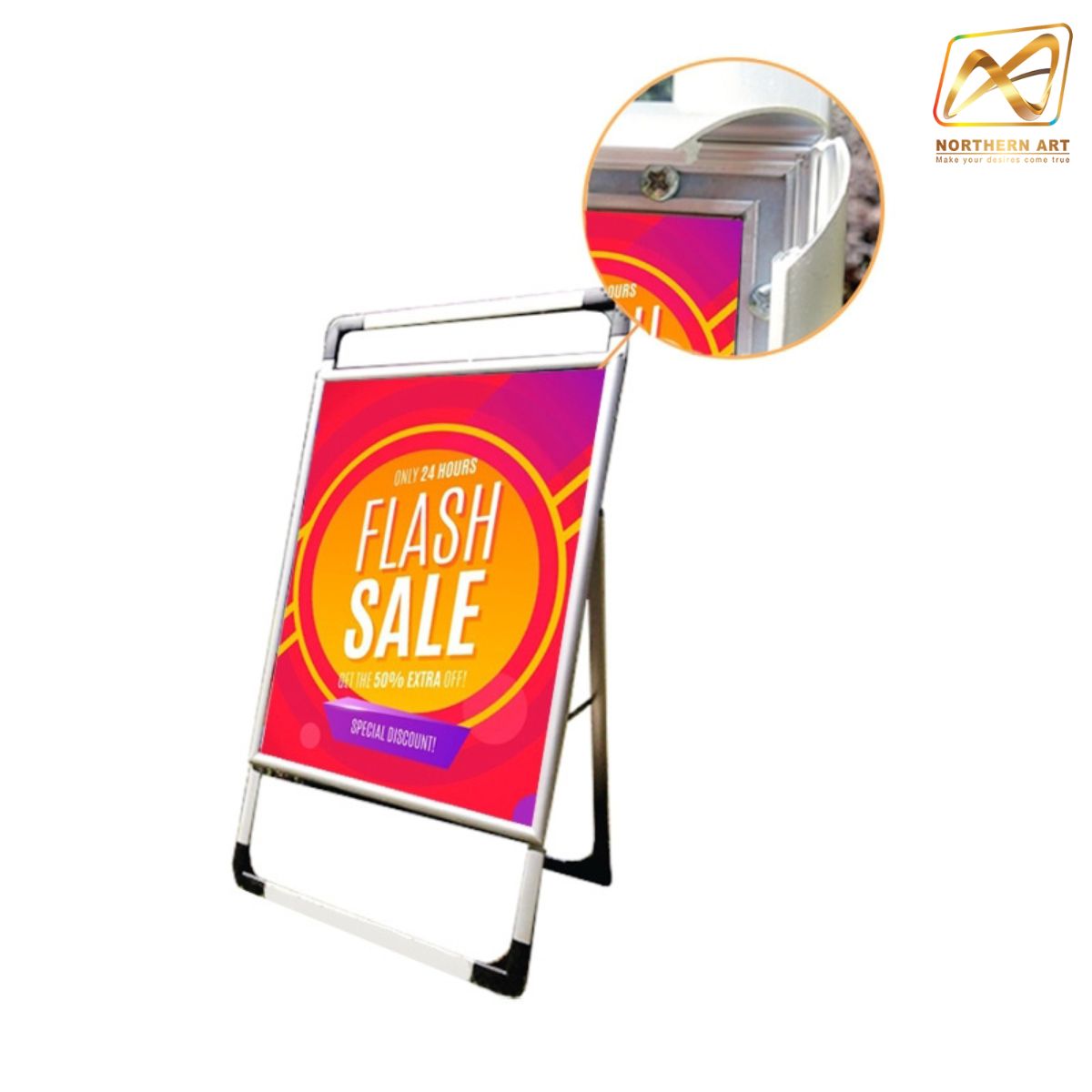 ป้ายตั้งพื้น อะลูมิเนียม มีด้ามจับ (W) 63 X (L) 83 X (H) 125 cm.โชว์งานพิมพ์ 2 ด้าน พับเก็บได้ เคลื่อนย้ายสะดวก