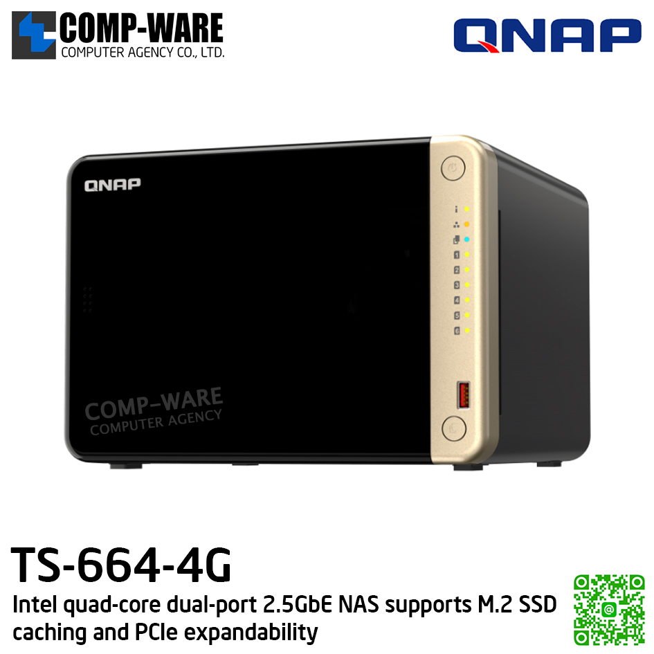 QNAP (Tower 6-Bay) TS-664-4G / Intel Celeron N5105/N5095 / 4GB DDR4 SODIMM / 6 x 3.5-inch SATA 6Gb/s / 2 x 2.5GbE / 2 x M.2 2280 / 1xHDMI / Adapter Power / 3Y Warranty / No HDD