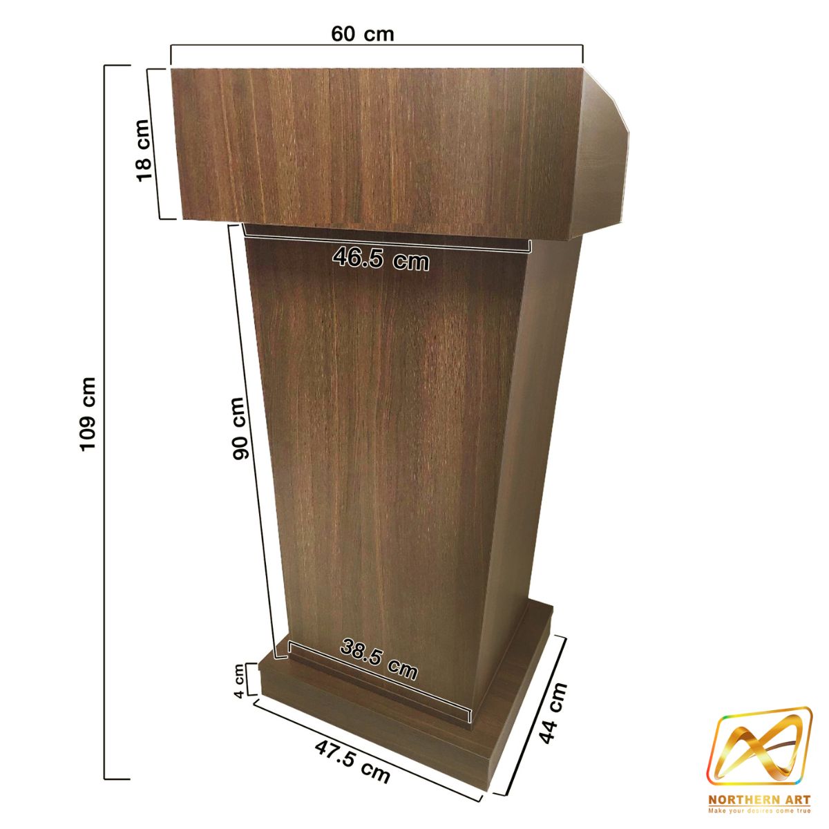 เช่าโพเดียมไม้ ลายไม้สีสัก ขนาด TOP (W)60 x (D)50 cm. สูง 109 cm. พร้อมชั้นวางของ