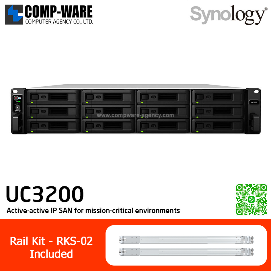 Synology Unified Controller (2U 12-Bay) UC3200 / Intel Xeon D-1521 / 8GB DDR4 ECC UDIMM (Max. 64GB) / 2x1GbE Base T per Controller, 1x10GbE Base T per Controller / Redundant Power / Rail kit RKS-02 / No HDD / 5Y Warranty